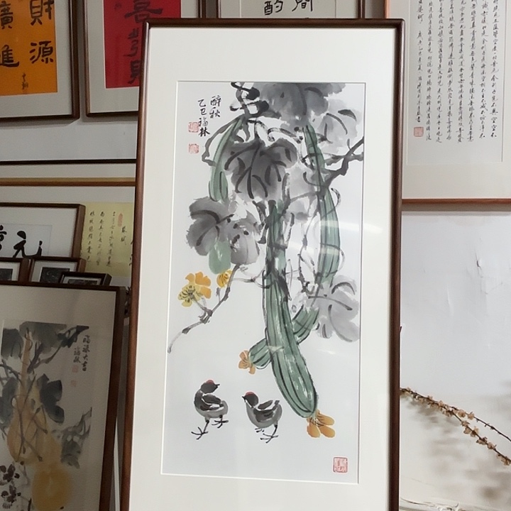 绘画三思图92x47实木框包邮