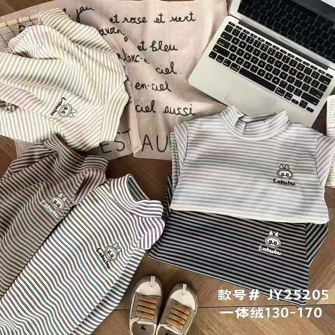 A065嘉亿儿童加绒半高领条纹打底衫小布款