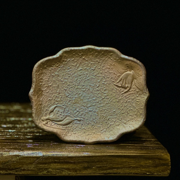 复古粗陶手工浮雕荷花佛手海棠干泡壶承可养出彩14*11cm