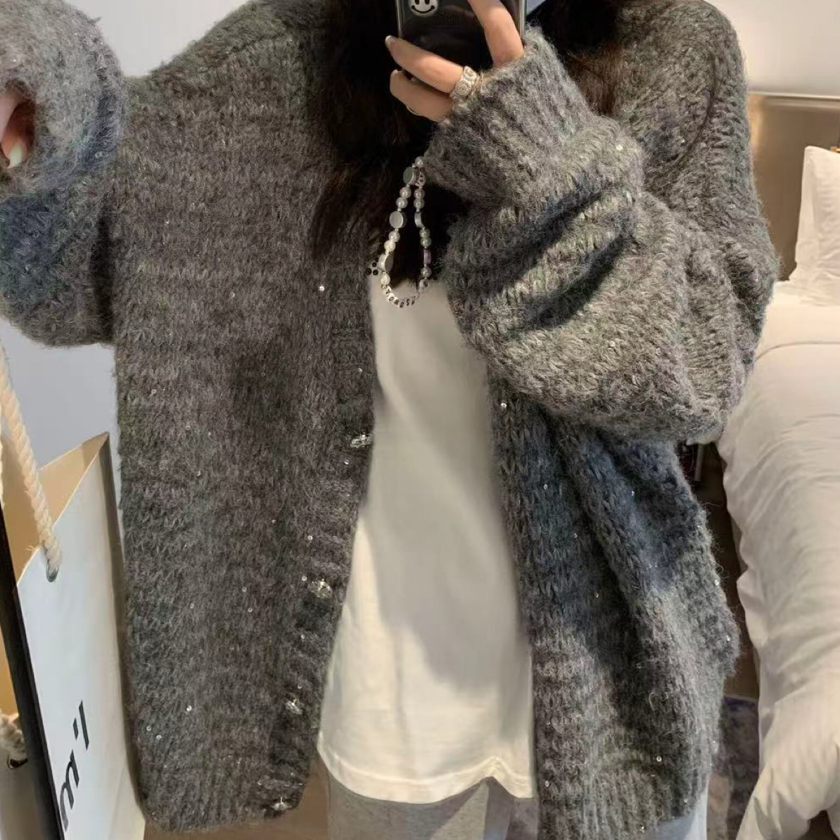 大码宽松型亮片毛衣女装韩版灰色慵懒风
