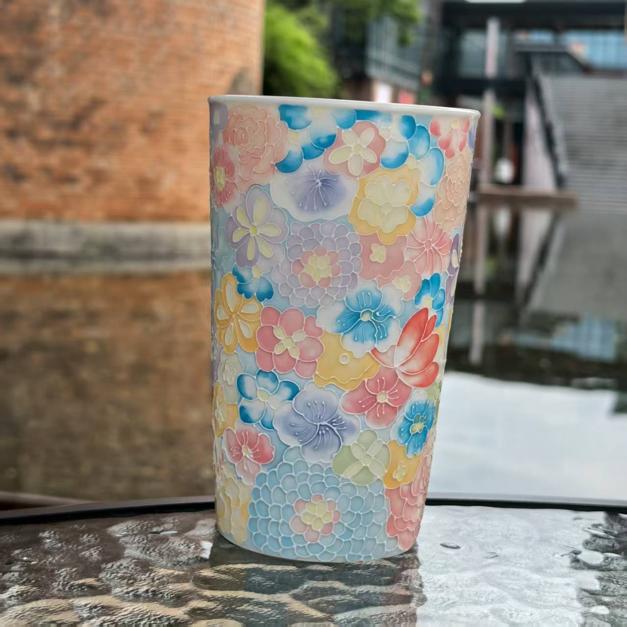 001景德镇陶瓷手绘万花可乐杯可定制400cc高级玉泥全透水杯家用