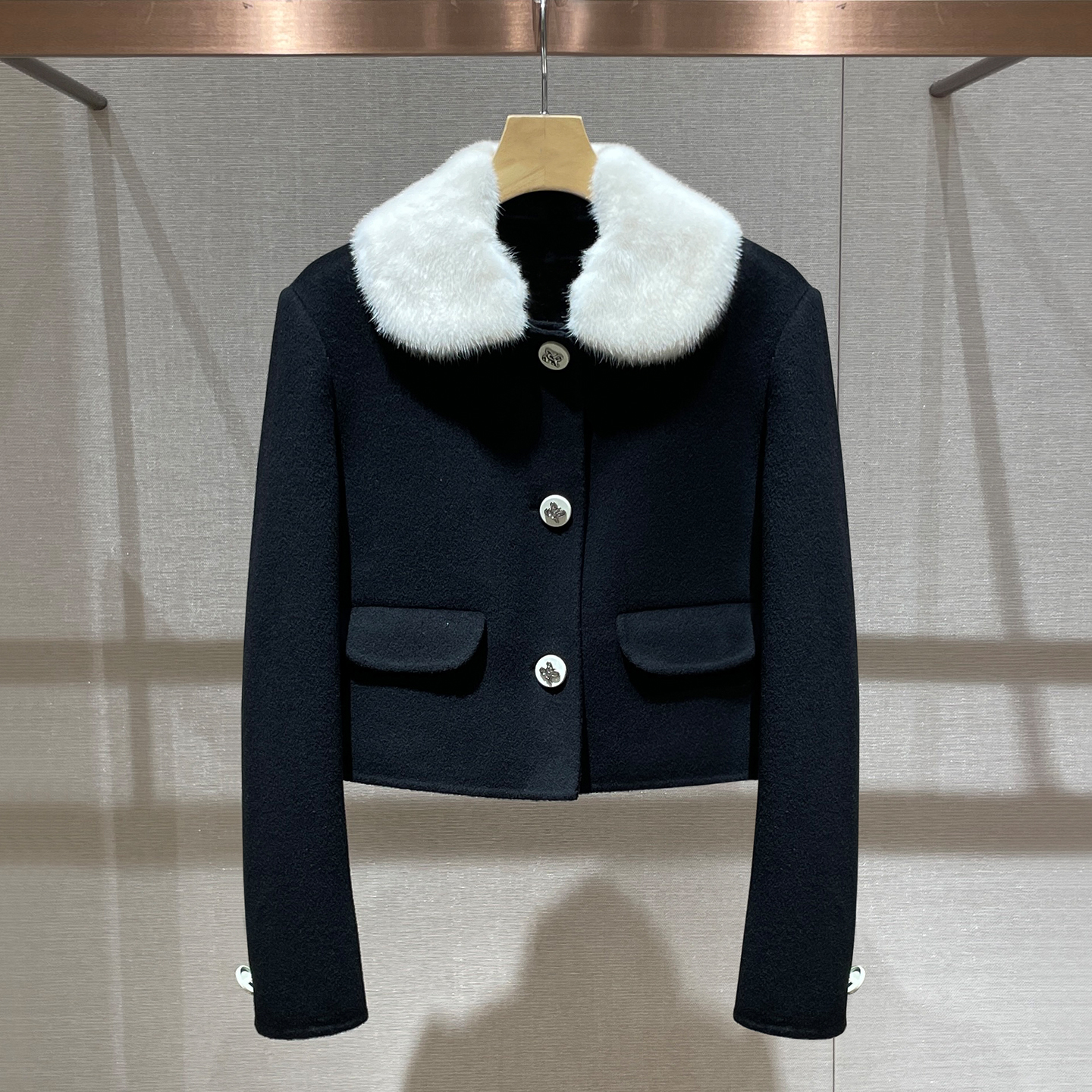 水貂毛毛呢外套女2025秋冬新款可拆撞色翻领优雅气质显瘦名媛上衣