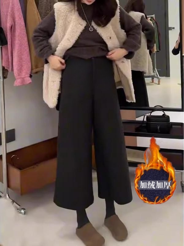 黑灰色加厚毛呢休闲裤女秋冬大码小个子高腰宽松直筒九分阔腿裤子