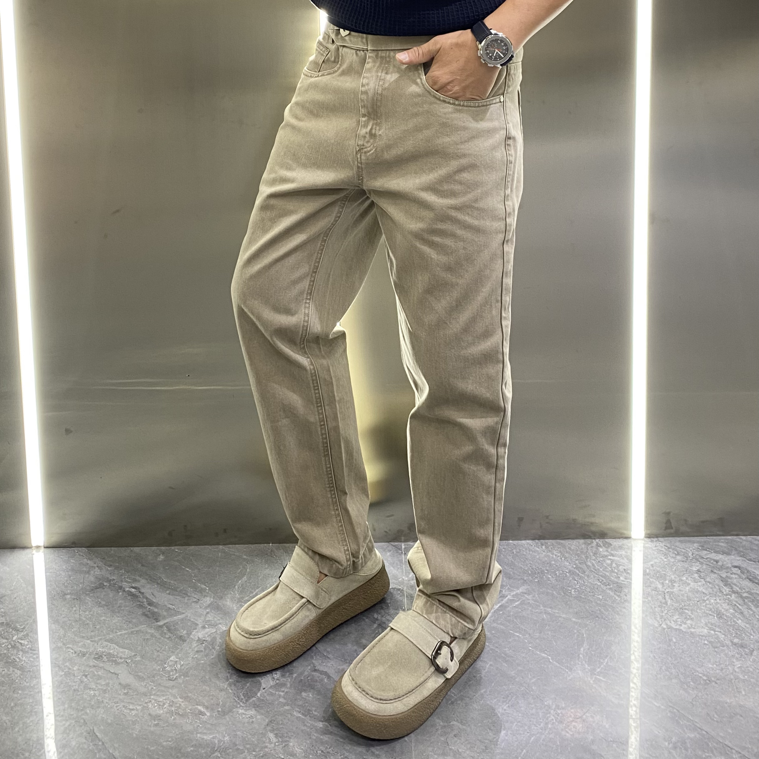 秋季新款松紧腰水洗纯棉修身小直筒百搭九分休闲裤痞帅显瘦西裤男