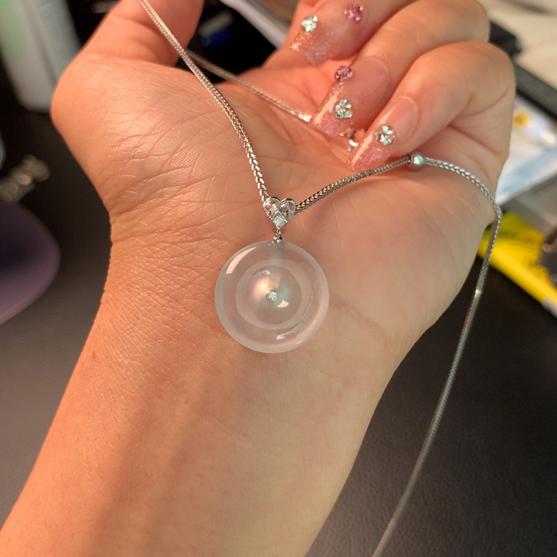 翡翠套链18K金镶嵌圆***子玻璃种扣子