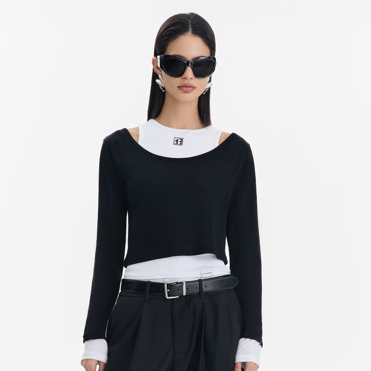 CALLED BACK背心长袖两件套装女秋季新款黑白撞色拼接修身上衣