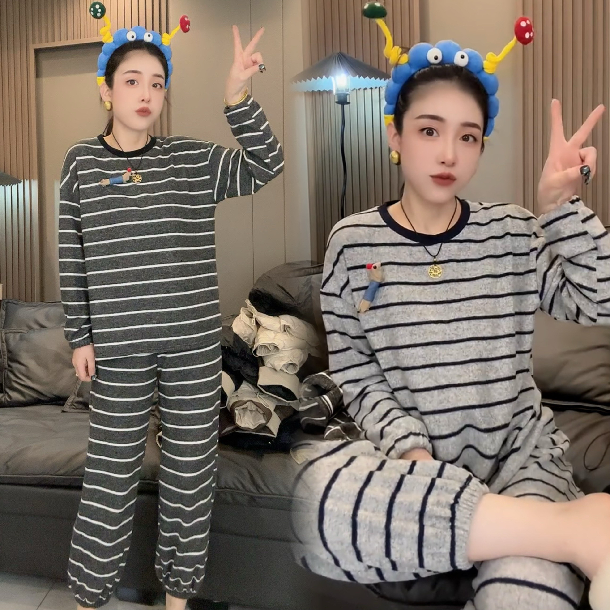 韩系条纹德绒睡衣大码长袖家居服套装