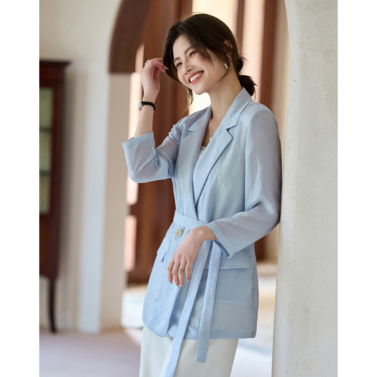 【籽言专属】肌理感条纹西服七分袖凉感外套AN25X5205