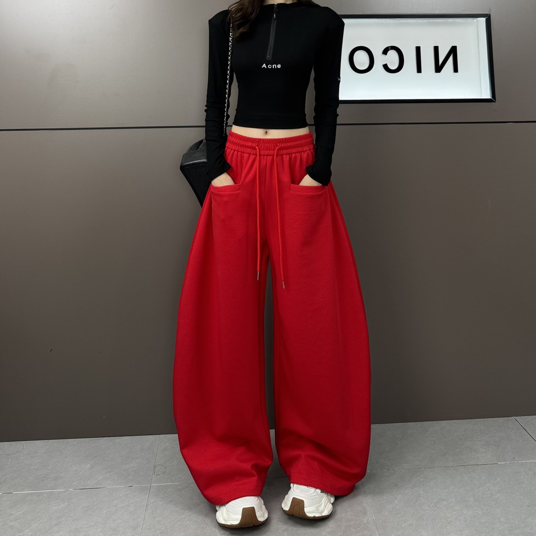 秋冬女款新款红色加绒加厚显瘦高腰宽松阔腿裤曳步舞拖地裤弯刀裤