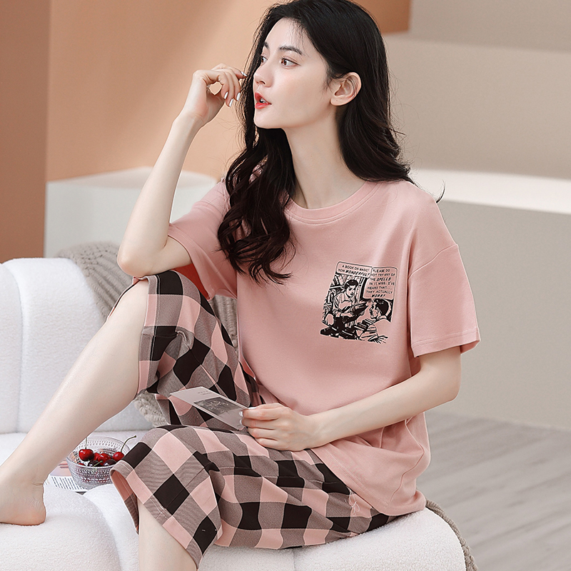 100%纯棉短袖七分裤睡衣女夏季薄款休闲时尚可外穿短袖长裤家居服