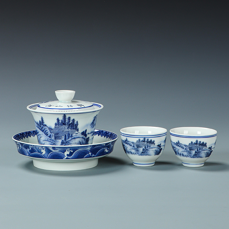 景德镇青花瓷釉中锦绣山河三才盖碗可悬停家用功夫茶具公司伴手礼