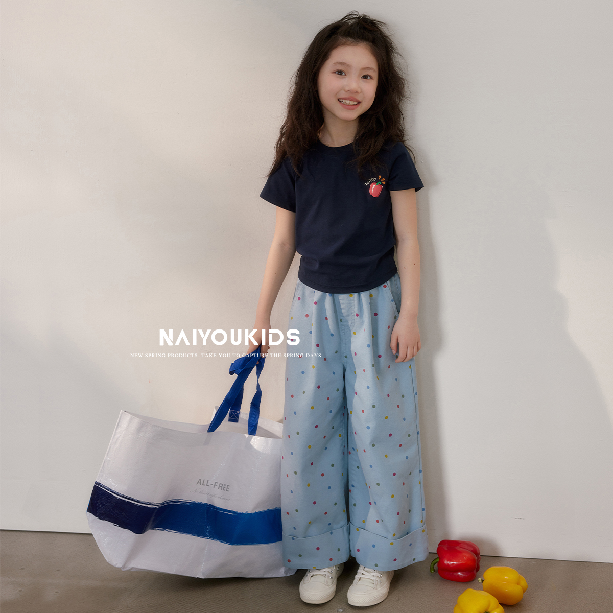 女童春款波点长裤韩版翻边直筒裤子中大童百搭女孩休闲裤子浅色潮