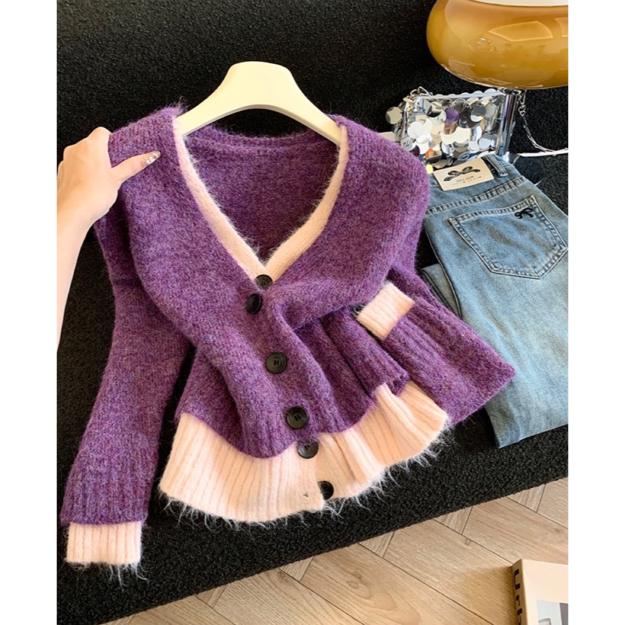 实拍～Mai Mai◆紫色长袖v领假两件针织毛衣慵懒上衣S52808