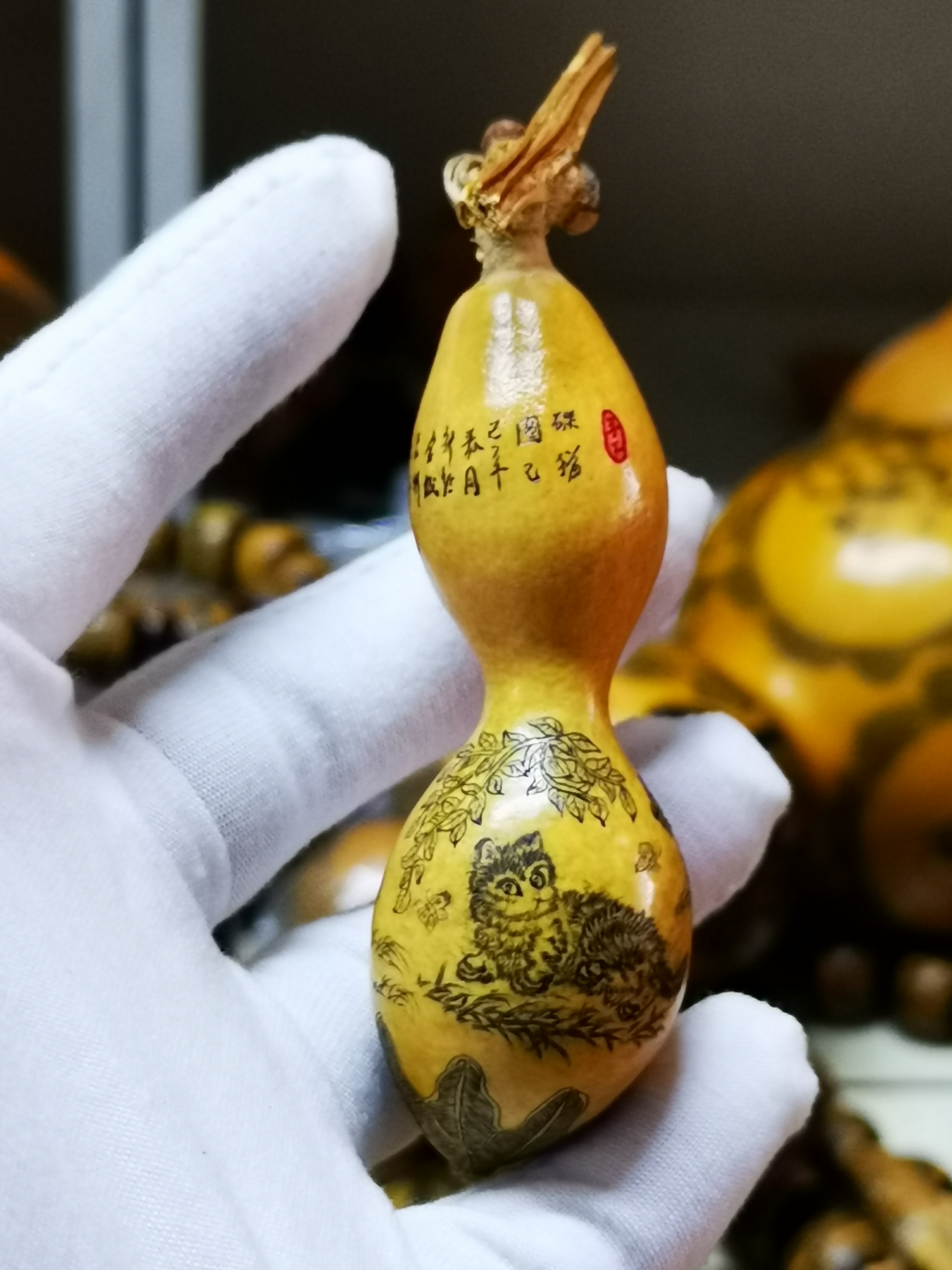 雅青阁葫芦手工针刺微雕墨刻蚂蚁葫芦碟猫图3只猫文玩葫芦