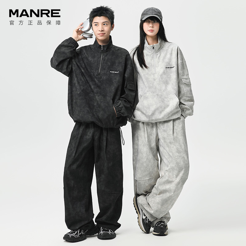MANRE SHOW休闲运动套装秋季扎染夹克弯刀裤套装男情侣装宽松潮流