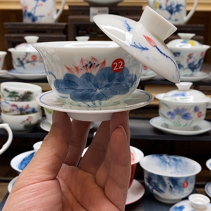 手绘微瑕荷花盖碗