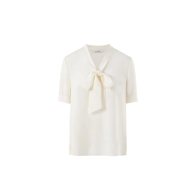 H197【朗】夏季新款白色系带通勤衬衫短袖塔飘带商务打底上衣女