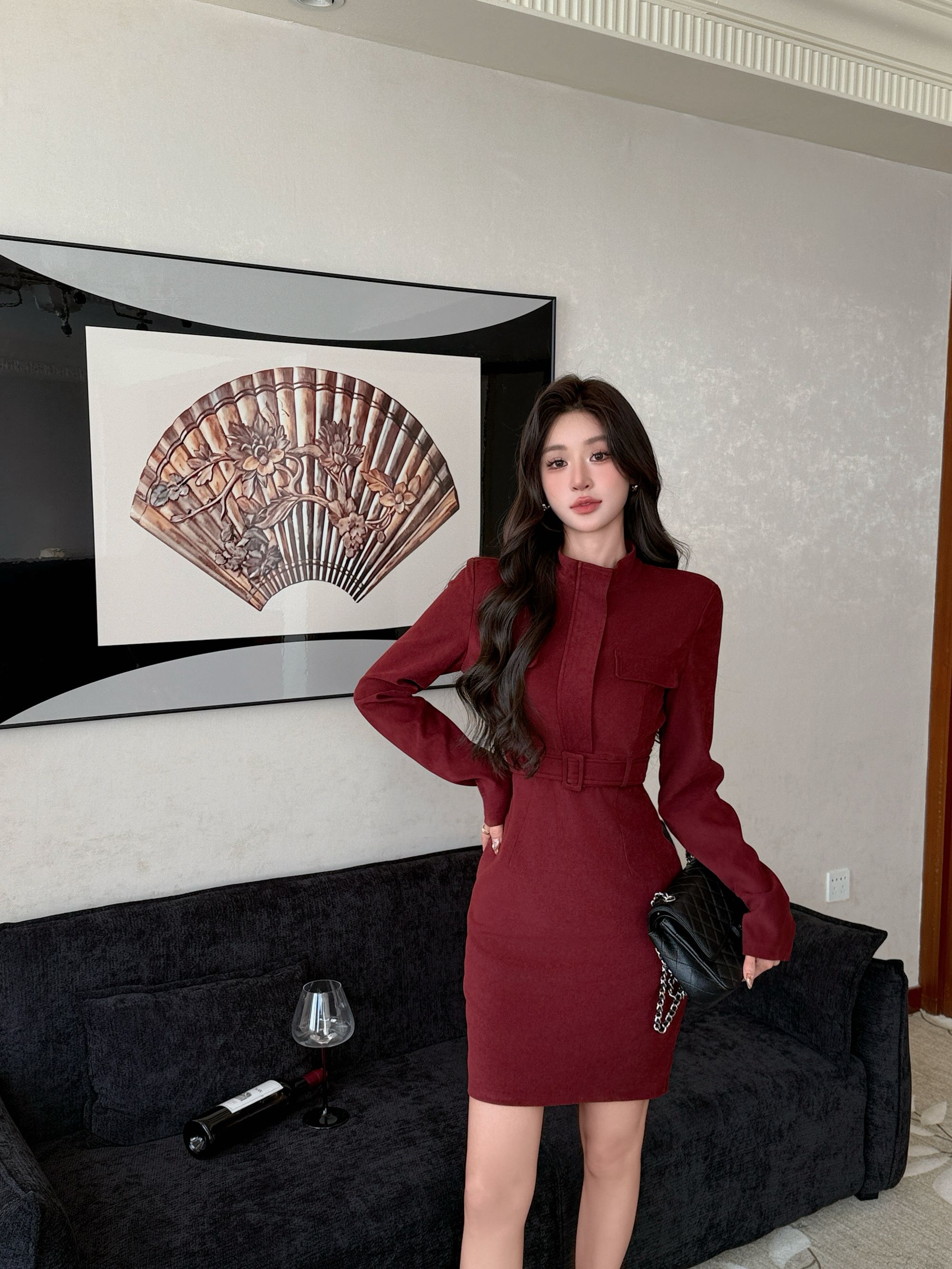 妞美美 职场时尚长袖立领工装连衣裙女收腰高级感包臀裙子