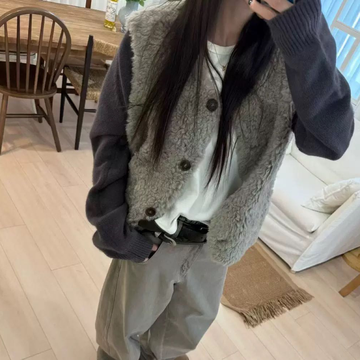 tug韩国东大门代复古高级感羊毛纯色皮毛一体背心马甲+