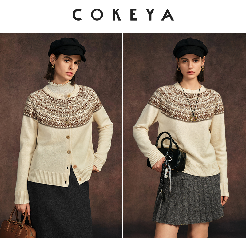 COKEYA/浪漫主义~康赛妮羊绒加厚套头毛衣圆领长袖针织开衫外套女