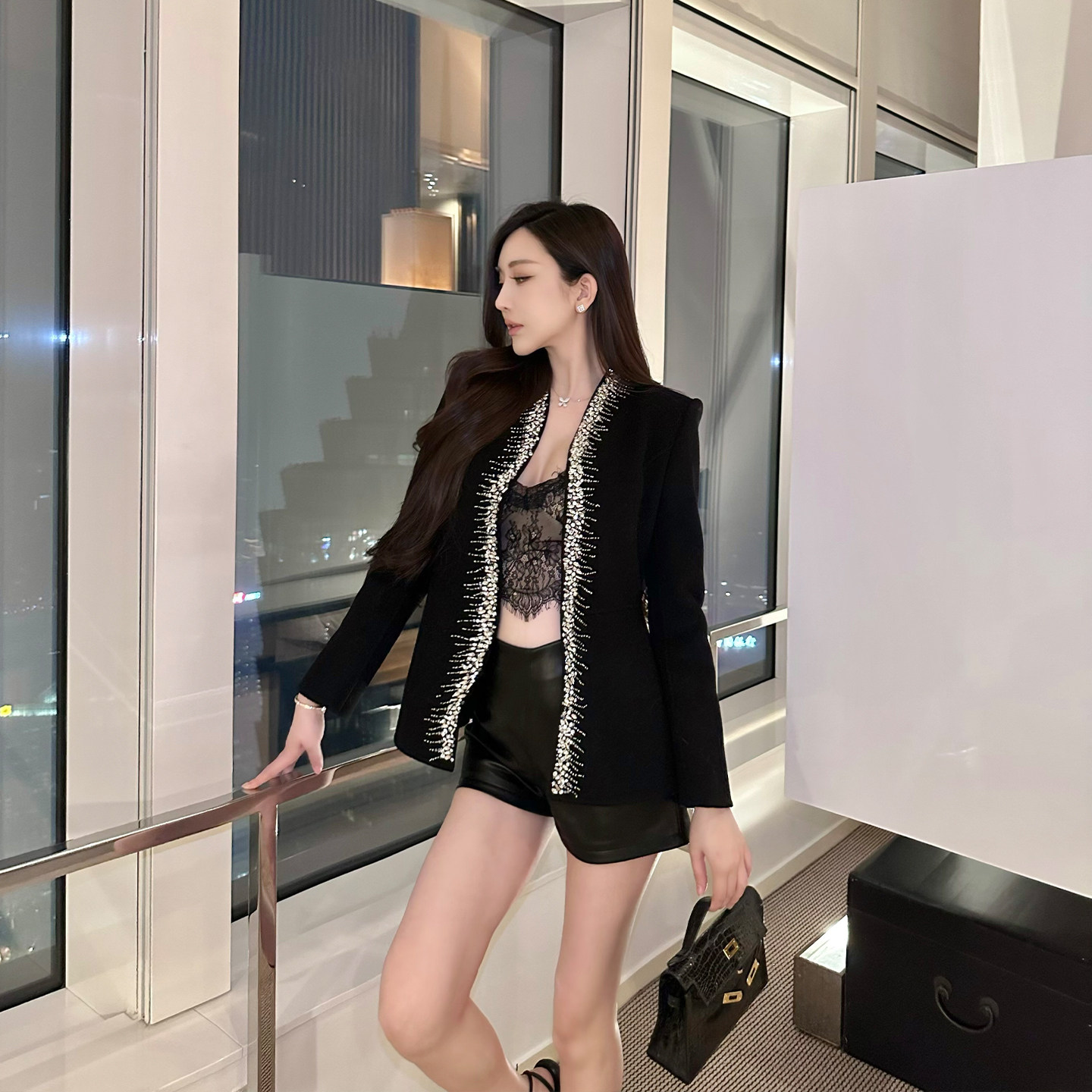 SX善喜87羊毛10羊绒重工钉钻西装外套女精致气质收腰呢子西服上衣