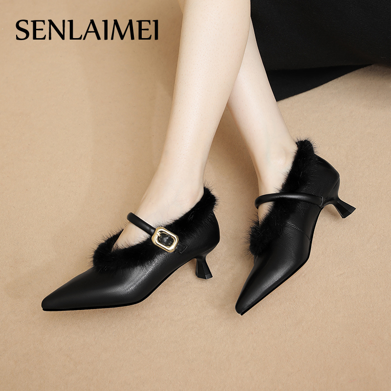 【森莱美】比例天才/保暖尖头秋冬玛丽珍/浅口单鞋细跟软底/8202