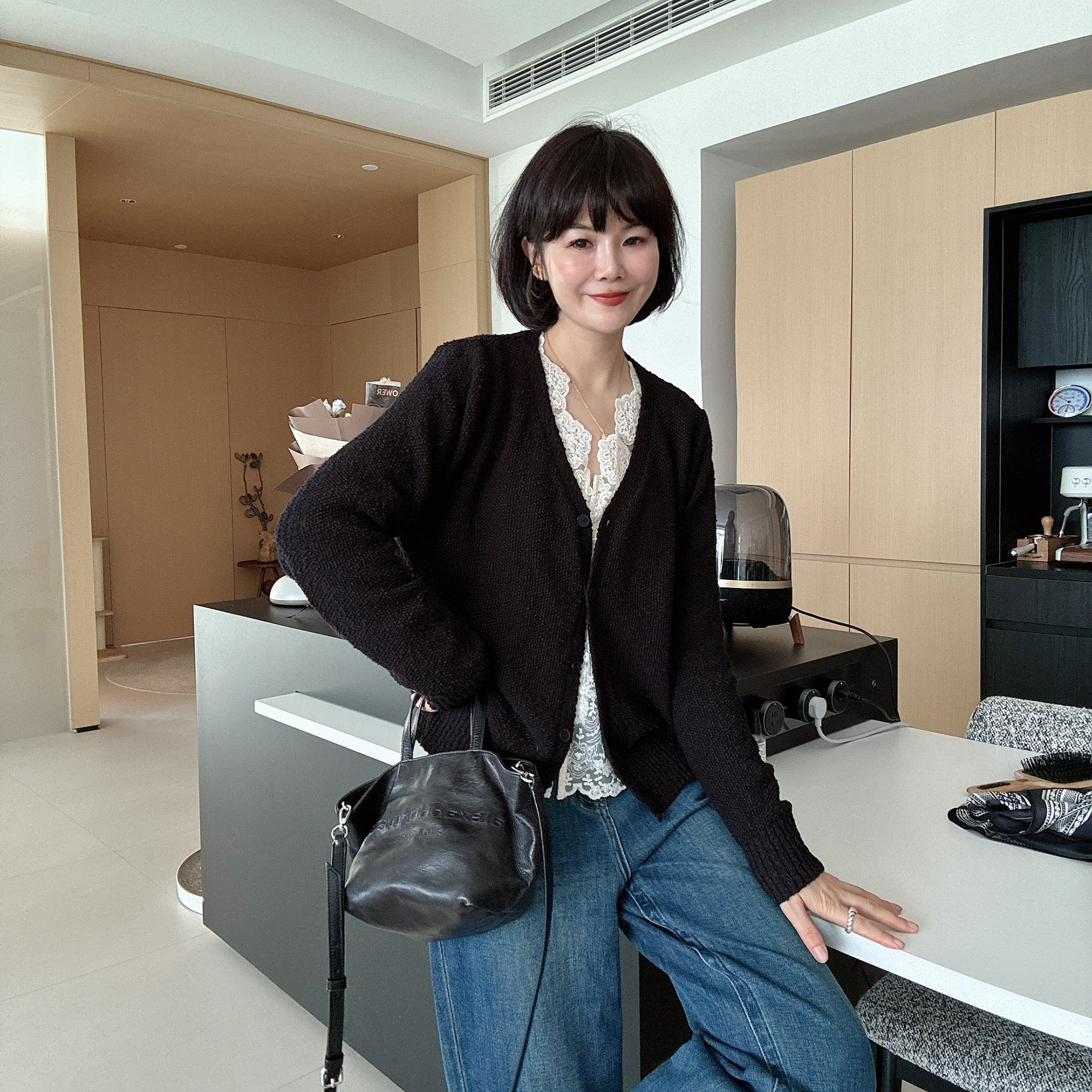 春秋法式V领宽松简约慵懒高级气质毛衣针织衫