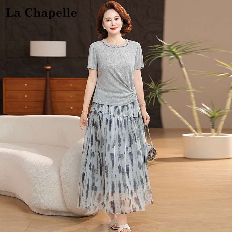 La Chapelle/拉夏贝尔气质妈妈夏季天丝亚麻连衣裙两件套洋气2025