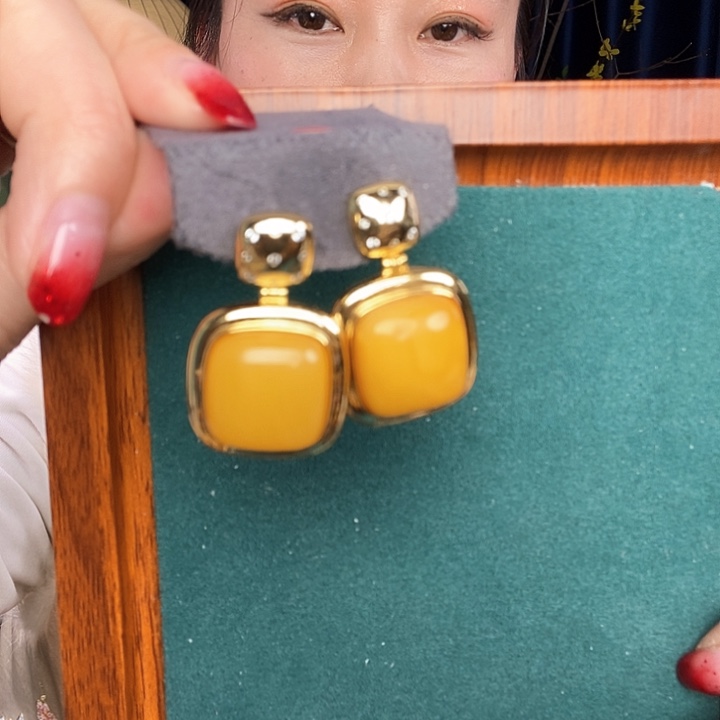 蜜蜡耳饰银S925镶嵌耳吊