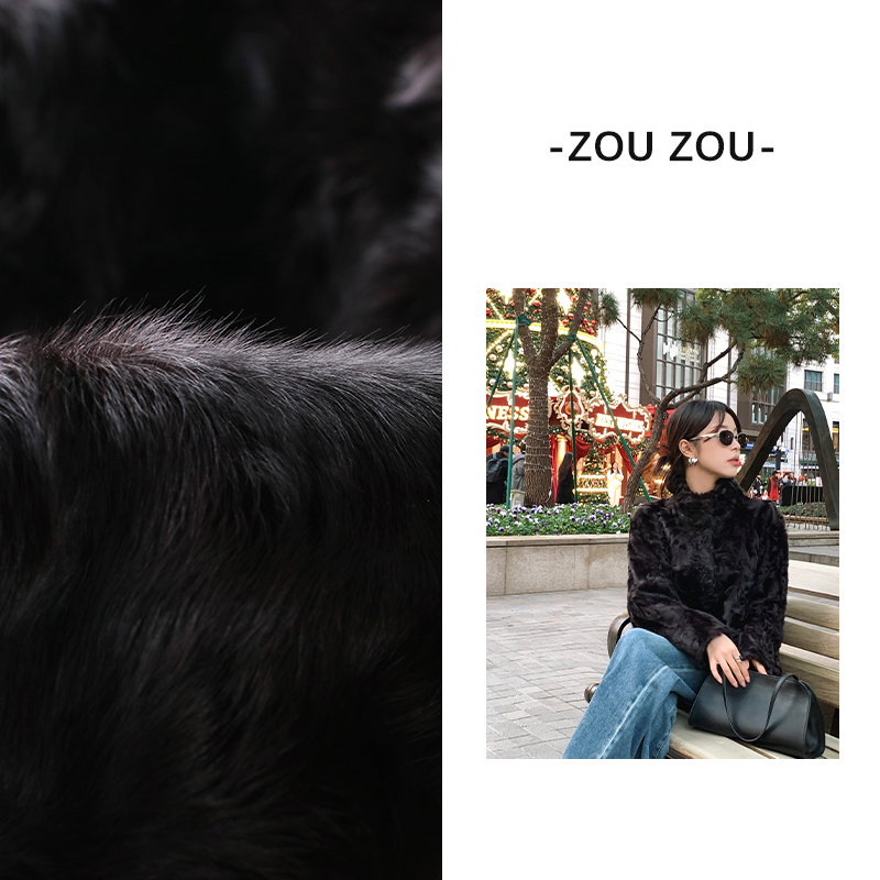 邹邹小个子新品 黑标象羔胎羊毛皮草冬季轻奢保暖时尚短款外套