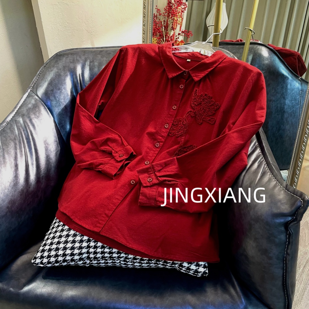 AOSER时尚宽松显瘦小众百搭纯色轻熟感刺绣衬衫日常休闲风96880