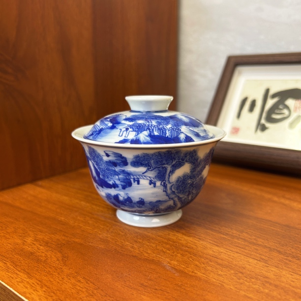 Q049[青岚]景德镇手工手绘山水盖碗—120ml