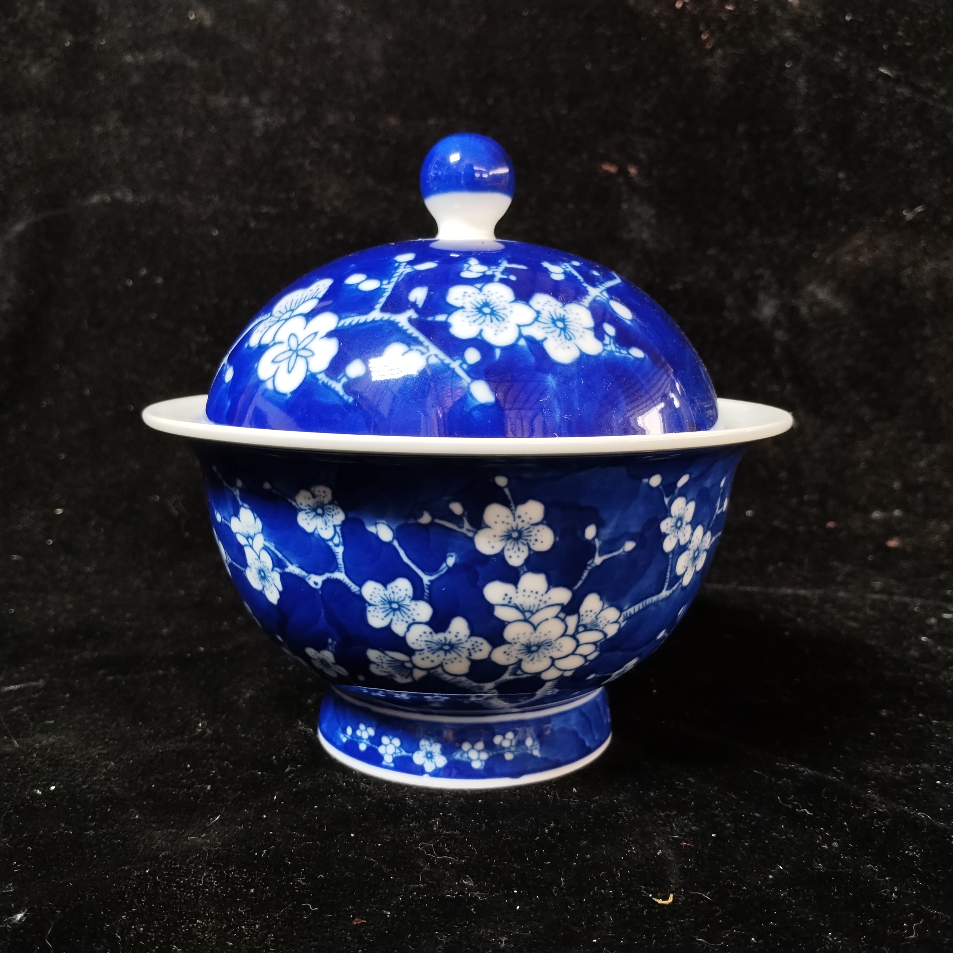景德镇厂货瓷器手绘蓝底冰梅盖碗 炖盅老货古玩瓷