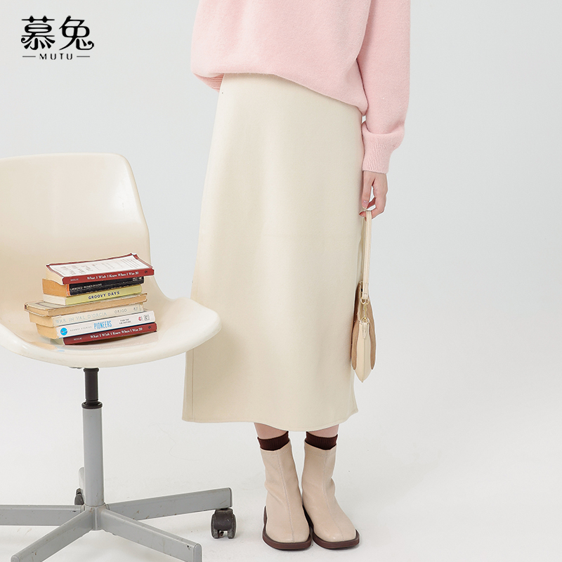 慕兔加厚中长款毛呢半身裙少女2024秋冬新款小个子高腰显瘦a字裙