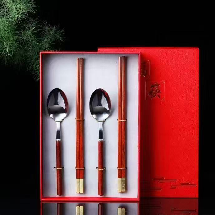 印度小叶紫檀勺子搭配福字铜头筷子礼品套装适合送礼