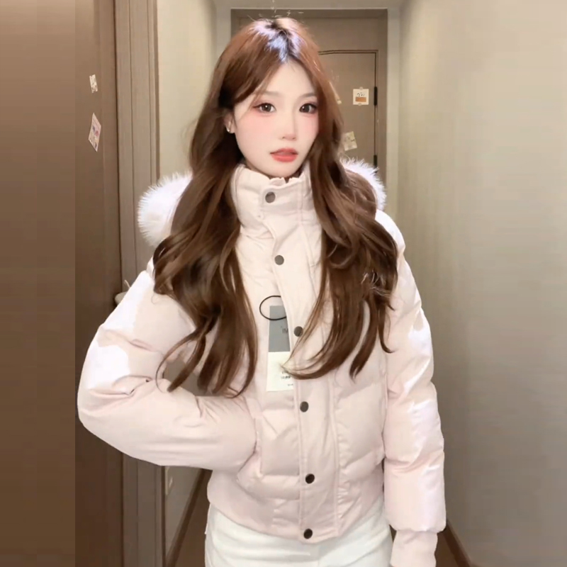 粉色大毛领棉服女冬季2025年新款小个子短款加绒加厚修身棉衣外套
