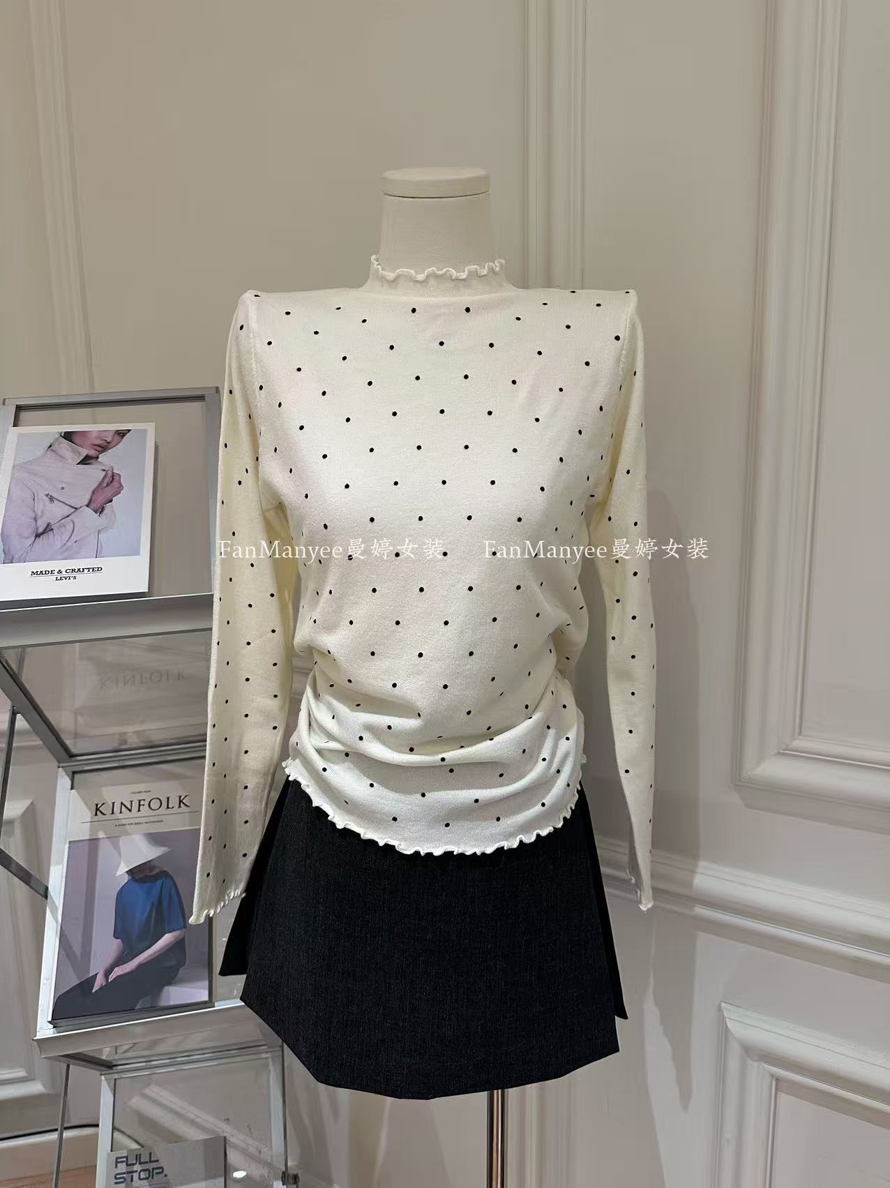 【轻氧波点】秋冬韩系减龄波点木耳边长袖百搭显瘦打底衫上衣x