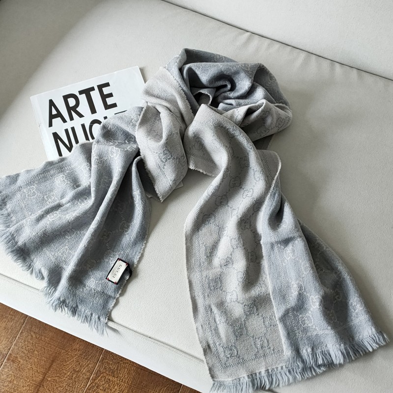 95新 GUCCI/古驰 蓝灰拼色双G提花羊毛围巾 51749