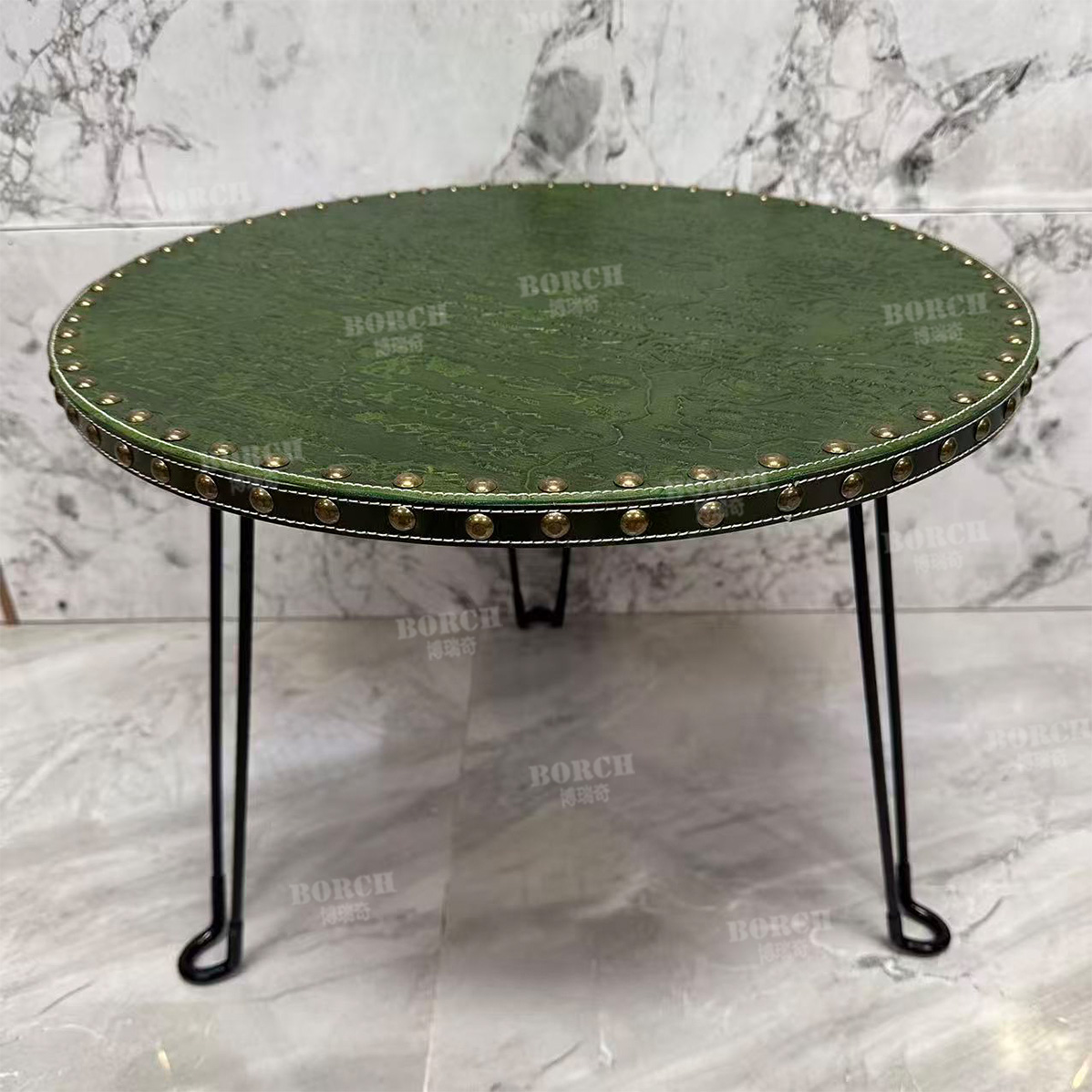 博瑞奇复古头层牛皮绿色压地图纹折叠小桌户外折叠茶几10008