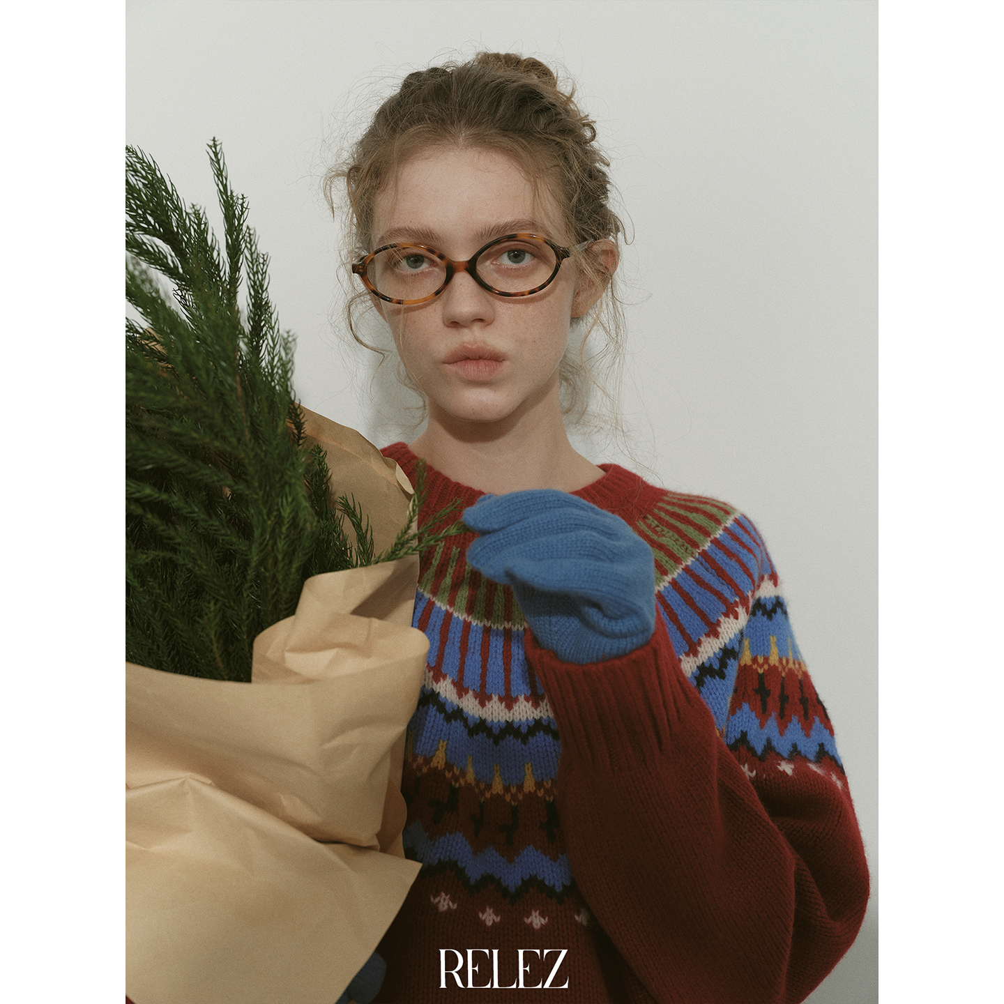 relez 彩虹费尔岛提花针织衫女冬季新款质感简约小众休闲圆领毛衣