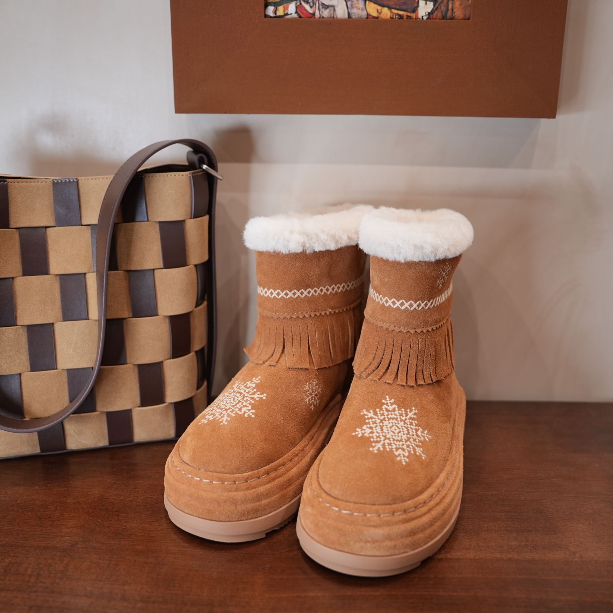 9017-3新款冬季加绒保暖流苏厚底短靴雪地靴