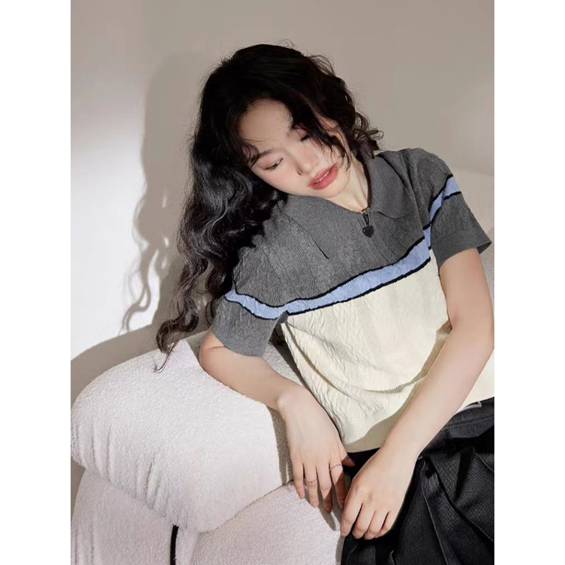 【米白色】3240超柔软新款高品质翻领撞色上衣