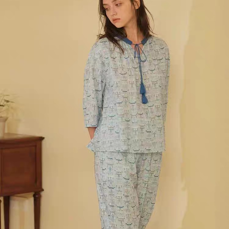 朵朵可可女士春夏时尚碎花薄棉布中袖九分裤家居服套装dw241cz059