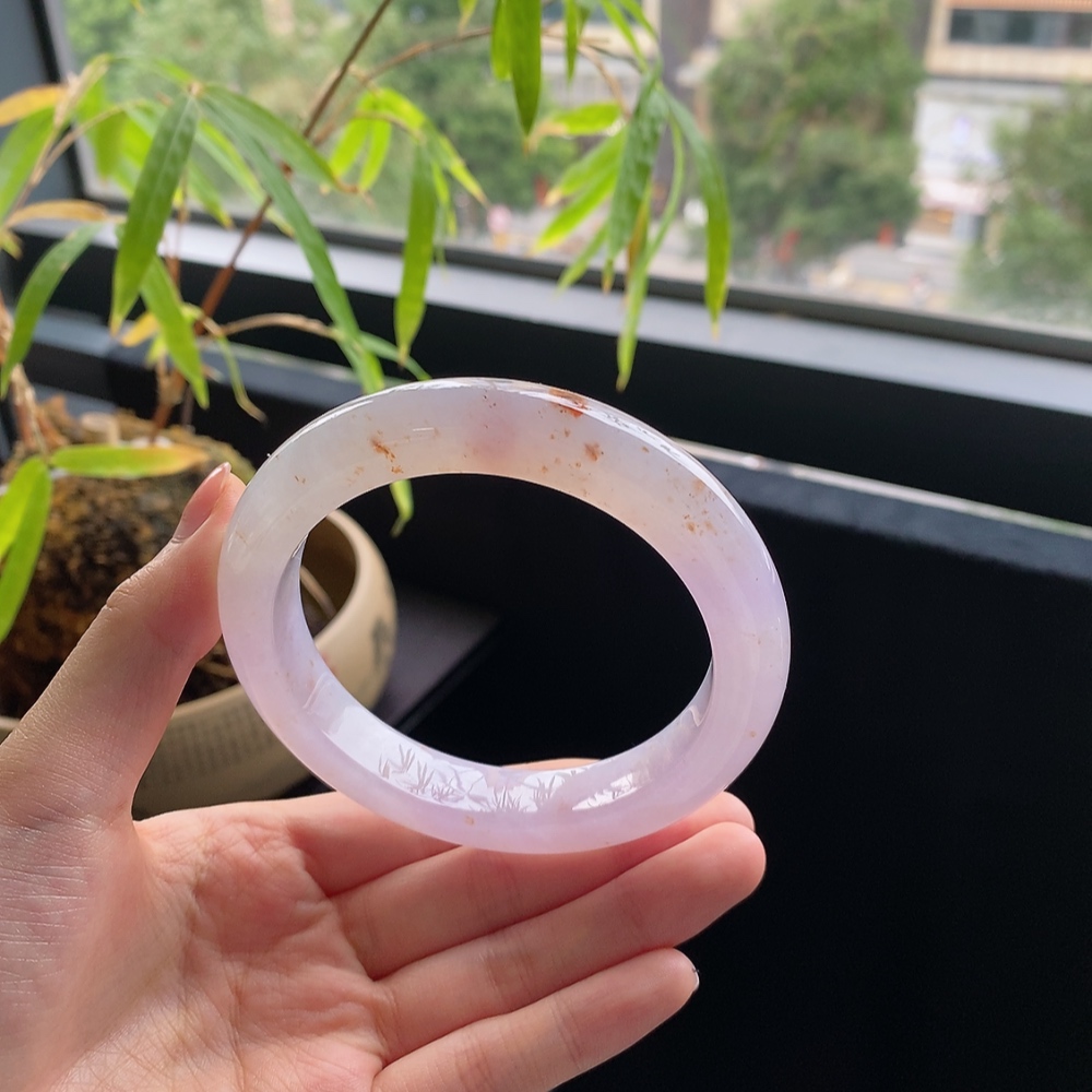 好色珠宝  圈口63缅甸老坑A货冰糯种三彩正圈女款翡翠手镯