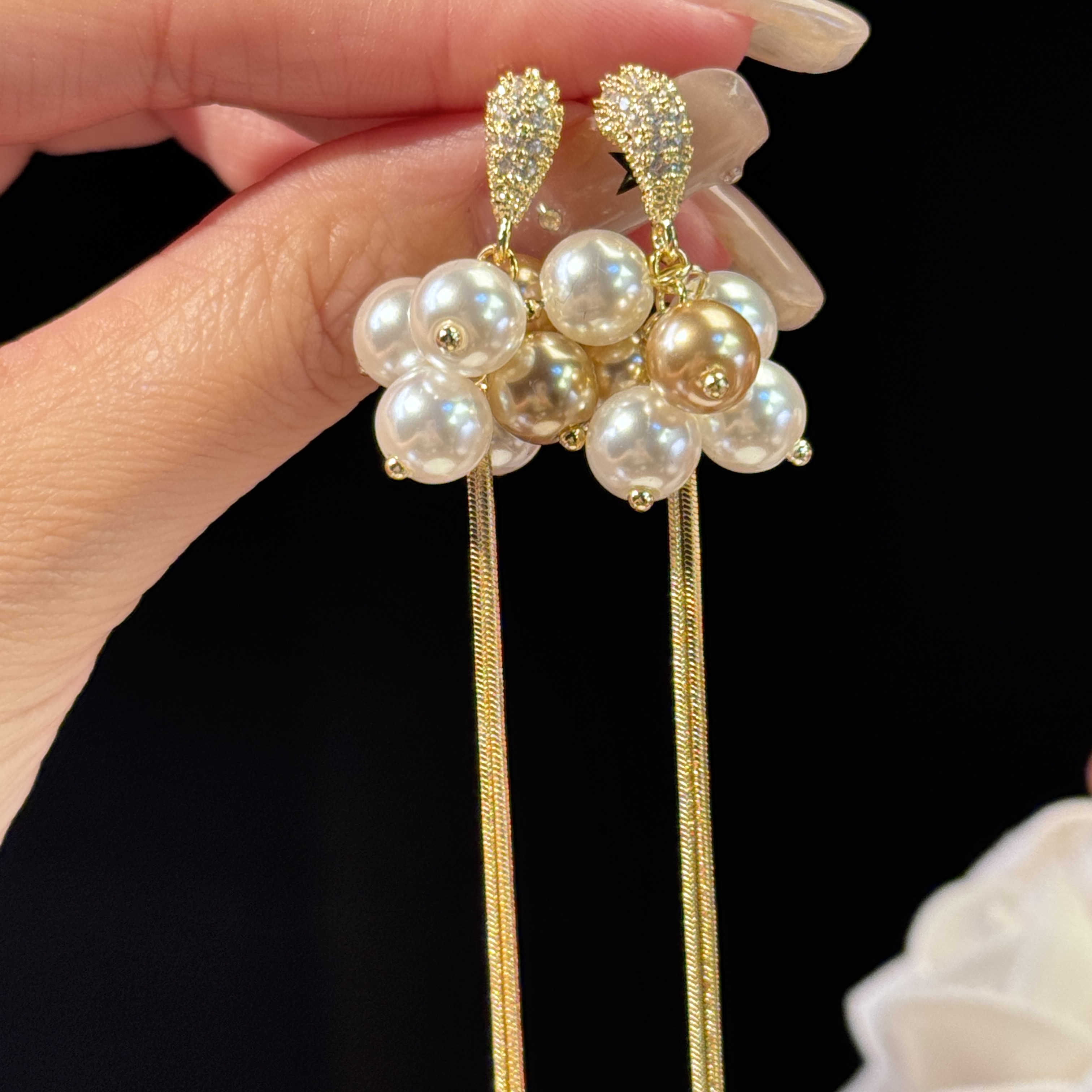 铜合金仿珍珠耳饰 芳韵】秋冬新款时尚长款流苏耳环甜美白搭耳钉女