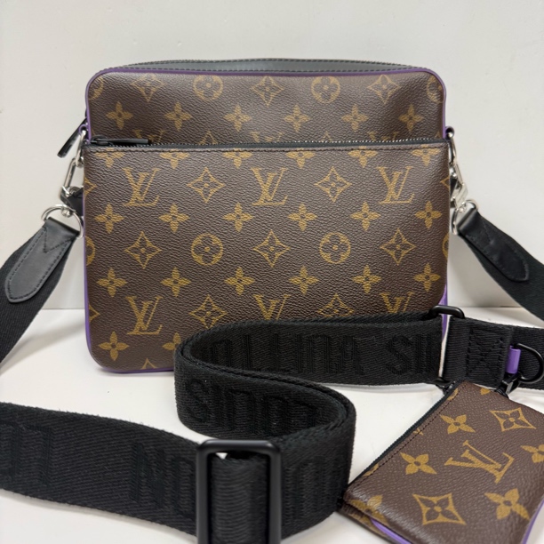 99新 LouisVuitton/路易威登 棕老花紫色边芯片款3合1斜挎包2250