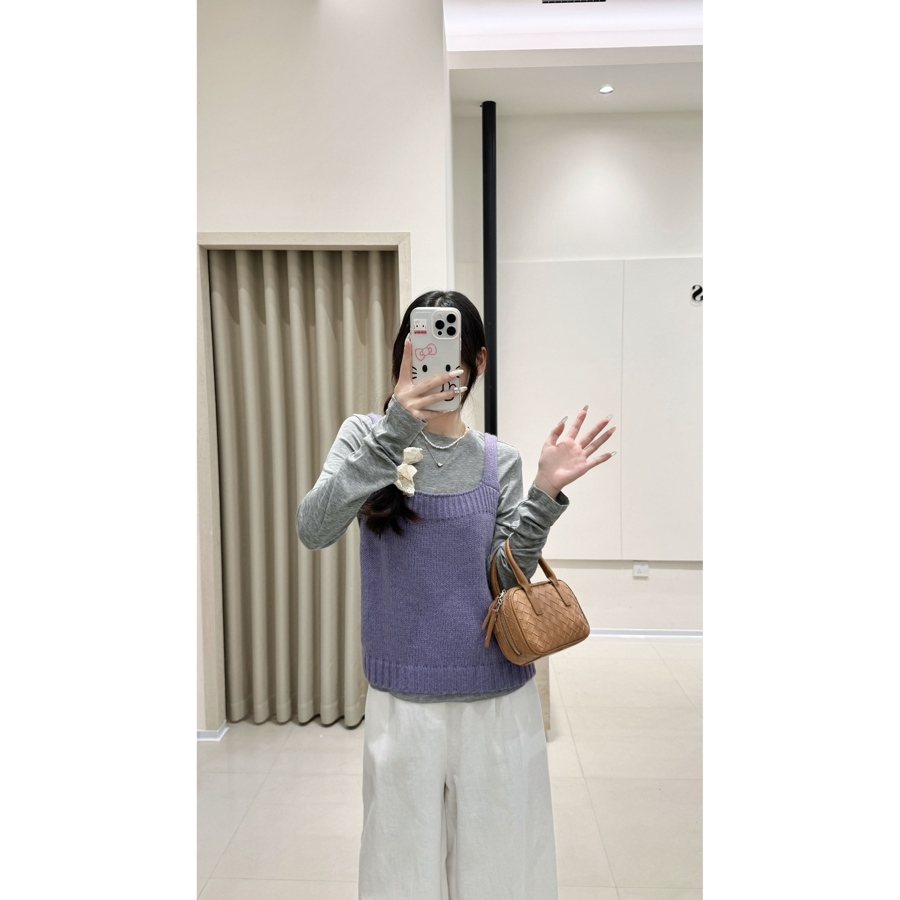 韩系休闲百搭套头针织马甲+圆领打底衫长袖T恤两件套2025秋新款