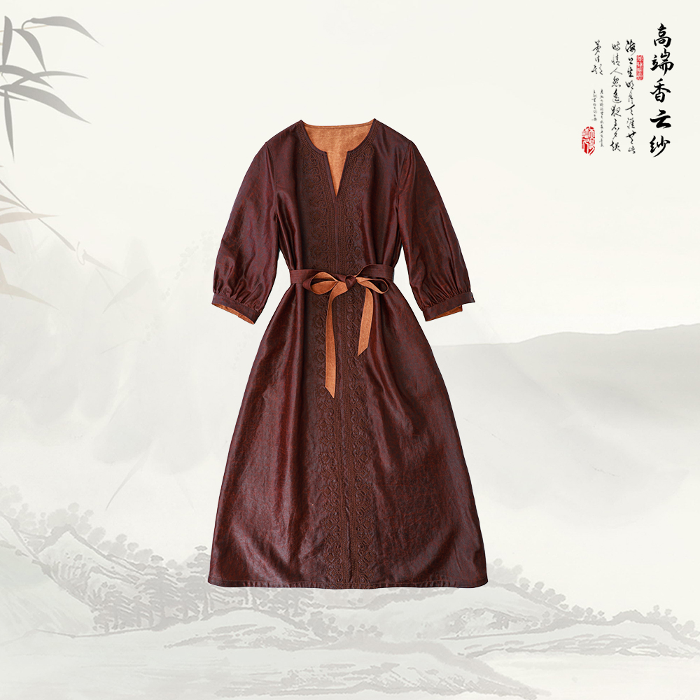 品牌新款刺绣V领宽松红云纱长款连衣裙529429