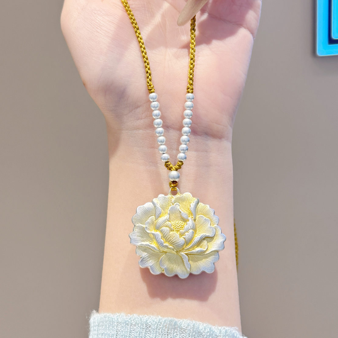 吊坠足银 民族风复古宫廷原创设计颈链镶嵌挂坠毛衣链手工项链