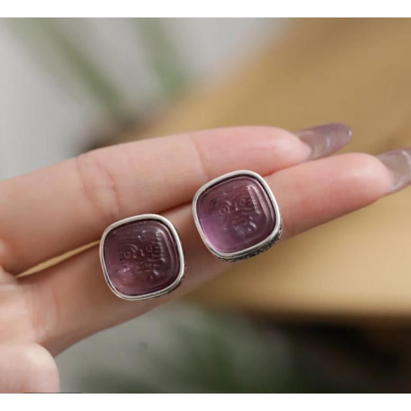 925银耳饰 S925银紫扎基做旧耳钉复古方块耳饰气质精致小众银饰